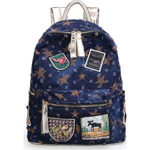 WOONAM Trendy Floral Print Badges Patchwork Thick Denim Canvas School Casual Backpack Bag