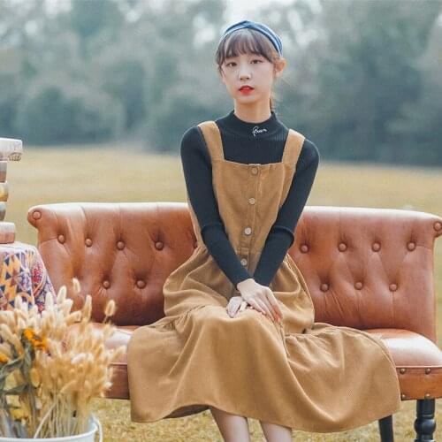 Japanese Spring Autumn Women Sundress Suspenders Khaki Corduroy Vintage Female Vestidos Loose Ruffles Kawaii Dresses MH392