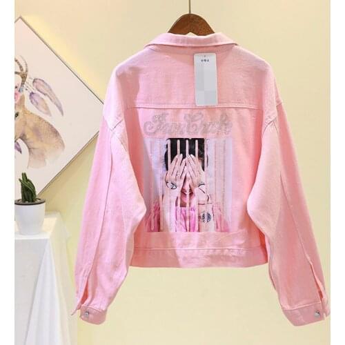 2021 Short Denim Jacket Women Spring Autumn Cotton Student Jeans Outwear Korean Diamond Loose Casual Top Pink Yellow White Coats