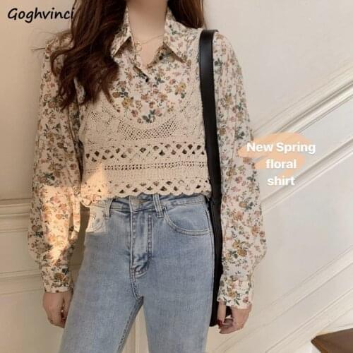 Women Sets Floral Printed Elegant Casual Turn-down Collar Students Sweet Kawaii Vest Shirts Streetwear Korean Style Chiffon New