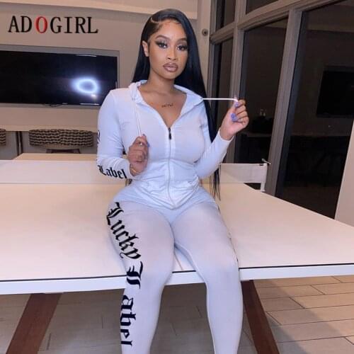 Adogirl Women Letter Print Two Piece Set Casaul Hooded Sweatshirt Female Tracksuits Fitness Set Sportswear jogging Winter Suit