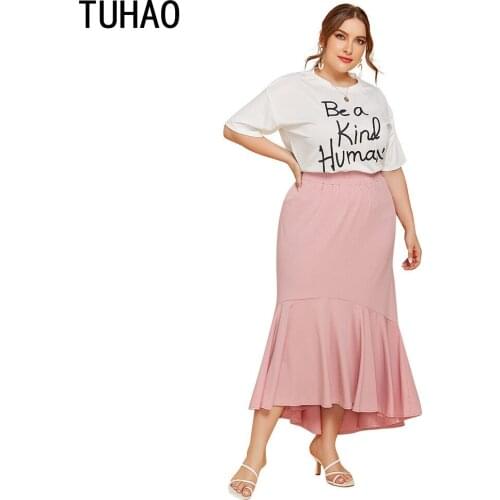 TUHAO Women Casual Set Plus Size 4XL 3XL White T Shirt + Ruffles Pink Skirt Womans Summer Sets Suit Gothic Skirts