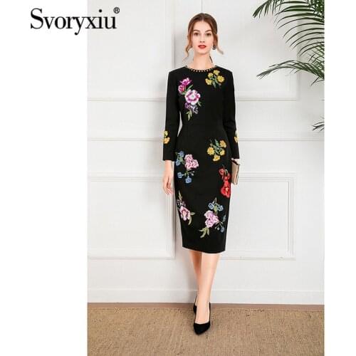 Svoryxiu Runway Designer Autumn Women Elegant Knee-Length Pencil Dress Diamond O-Neck Slim High Waist Flower Embroidery Dresses