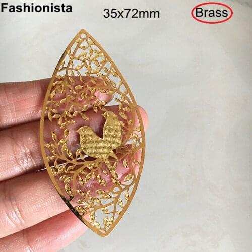 10 pcs - Large Shuttle Shaped Charm Pendant 36x72mm Brass Filigree Birds on Branch Gold KC Gold Silver-color For Earrings -U