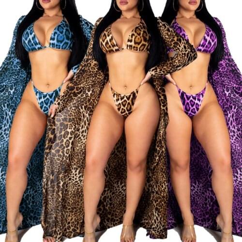 3PCS Bikin Set Hot Women Bikini Set Mujer Leopard Sexy Beachwear swimsuit cover suit Cardigan Bandage High Waist