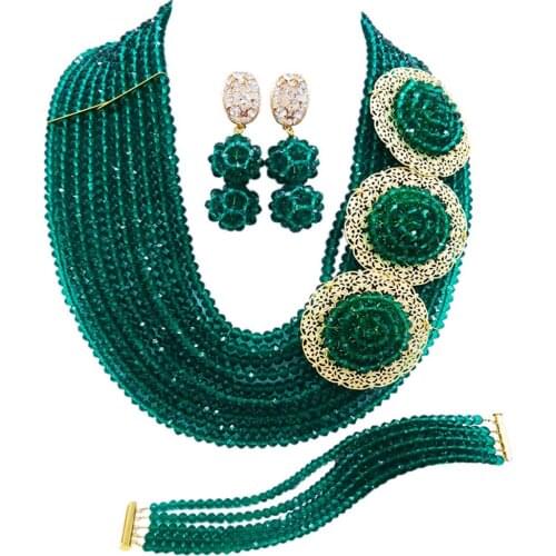 Teal Green Army Green African Beads Jewelry Set Nigerian Wedding Accessories Party Necklace Bracelet Earrings 10SPH01
