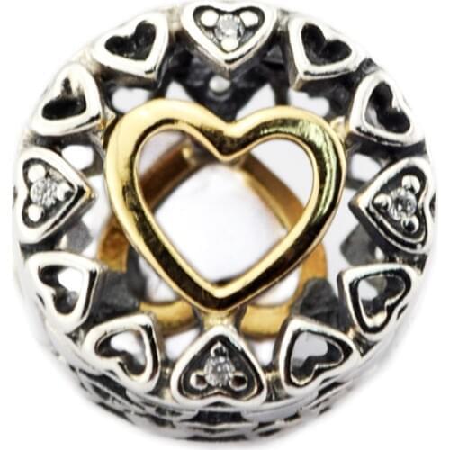 Loving Circle Clear CZ Golden Shine Heart Beads for Silver 925 Original Charms Bracelets Fine DIY Charm Beads for Jewelry Making