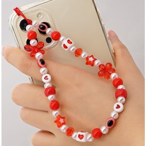 New Acrylic Imitation Pearl Beaded White Red Ethnic Eye Heart Star Mobile Phone Chain for Women Resin Beads Phone Lanyard