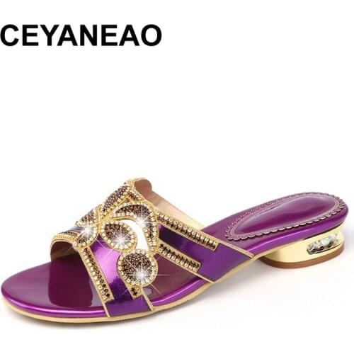 CEYANEAO Shoes Woman Slides Purple And Golden 2019 Summer Womens Rhinestones Beads Slippers High Heels Sandals Bohemia E1655