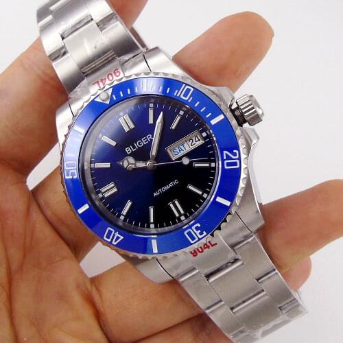 Japan NH36 Movement Sapphire Mens Automatic Watch Day/Date Display Blue Face Oyster Band Glide Lock Ceramic Rotating Bezel