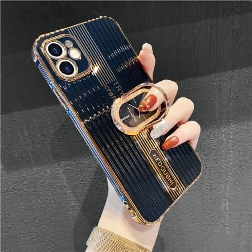 For iPhone 11 Case Luxury Stripe Gold Plated Glitter Ring Holder Silicone Cases for iPhone 12 Pro 7 8 Plus XS Max XR X SE 2020