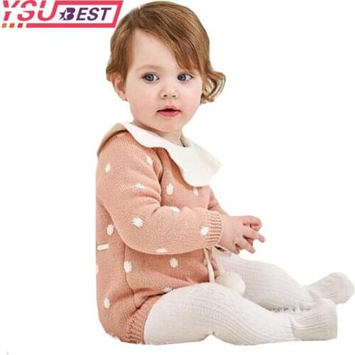 Baby Body Suits 2019 Autumn Winter Baby Knit Romper Triangle Climbing Dots Thickening Lotus Ruffle Collar Knitted Babies Romper