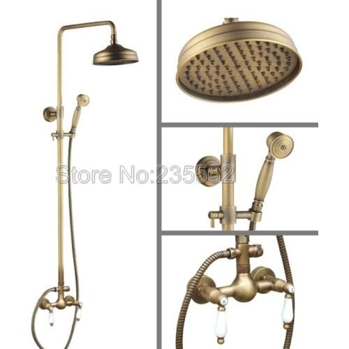 Retro Antique Brass Bathroom Shower Set Mixer Faucet 8" Rain Shower Head with Handheld Spray lan112