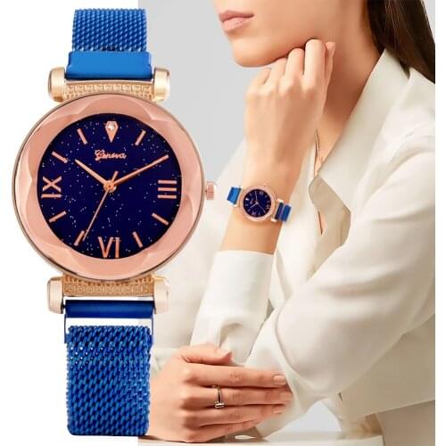 Noble Blue Watch Ladies Starry Sky Romen Digital Watches Mesh Straps Graceful Women Quartz Clock Birthday Gifts for Mother Mom
