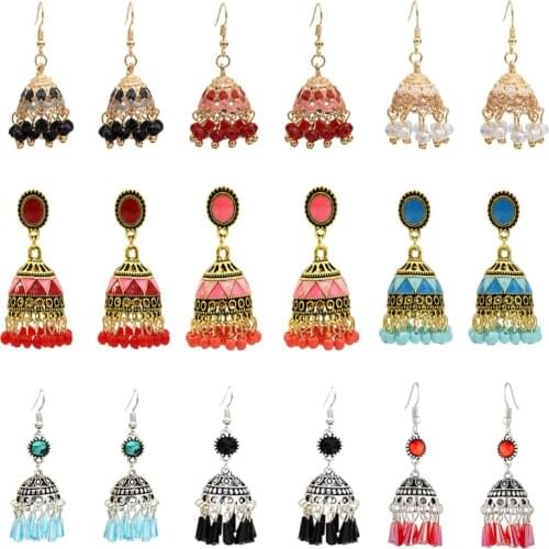 Indian Jhumki Earring Jewelry Gypsy Ethnic Carved Flower Colorful Resin Beads Tassel Statement Drop Earrings For Women Afghan