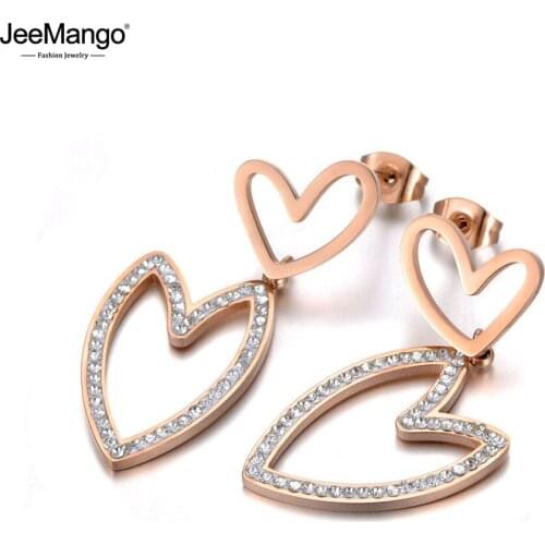 JeeMango Titanium Stainless Steel Crystal Love Double Heart Earrings Bohemia Rhinestone Stud Earrings Jewelry For Women JE19248