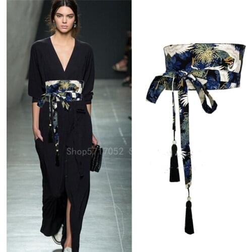 Asian Japanese Kimono Fashion Tassel Obi Dress for Women Crane Belt Traditional Ethnic Black V Neck Dress Set Yukata Streetwear
