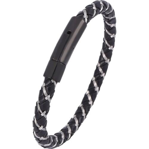 Punk Leather Bracelet Trendy Stainless Steel Exquisite Snaps Wire Braided Hand Rope of Men Jewelry Bracelets Bangles BB0591