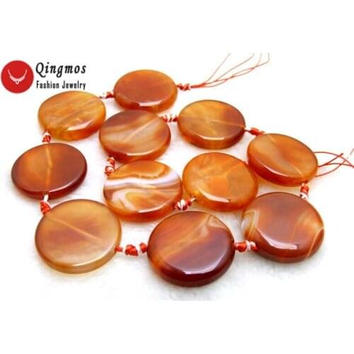 Qingmos 28mm Coin Round Red Striped Natural Agates Loose Beads for Jewelry Making Necklace Bracelet DIY 15'' los662 Free Ship