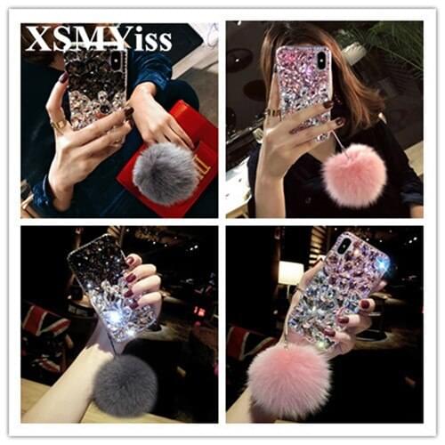 XSMYiss fashion Fox hair ball Bling Crystal Diamonds Rhinestone soft Back Cover For Samsung S7 S8 S9 S10 PLUS S10 Lite Note5 8 9