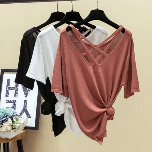 New Summer Backless Ice Silk Knitted T-Shirt Women Cross Lace-up Short Sleeve T-Shirts Work Wear O-neck Pullover Tops Tee Mw380
