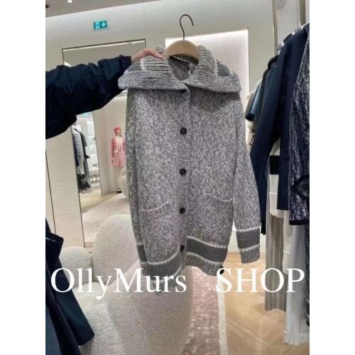 Autumn Winter Womens Navy Collar Collar Decorated with Letter Logo Horn Buttons Warm Cashmere Knit Cardigan Casual Jacket