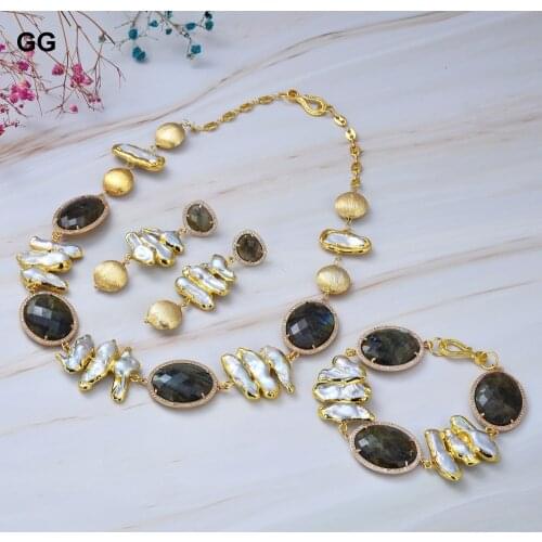 GuaiGuai Jewelry Cultured White Biwa Pearl Yellow Gold Color Plated Labradorite Necklace Bracelet Earrings Sets For Lady