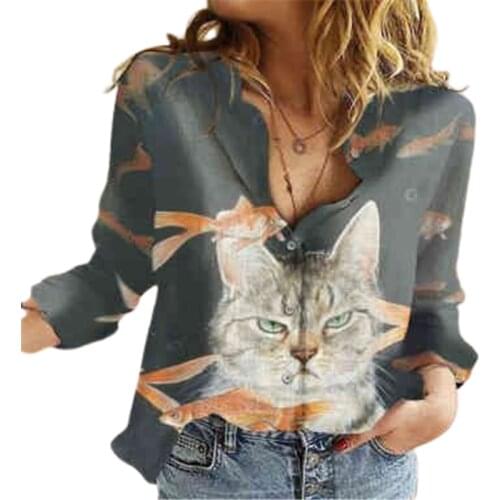 Fashion Animal Printed Fish Cat Polyester Shirt Womens Lapel Long Sleeve Button Casual Blouse Elegant Lady Office Plus Size Top