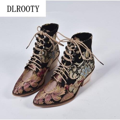 Women Ankle Boots Embroider Martin High Heels Thick Autumn Winter Female Casual Shoes Woman Fashion Pointed Toe Lace Up Platform