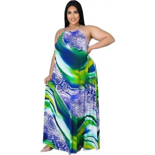 Women Dress Summer 2021 Casual Sleeveless Halter Beach Long Dress Round Neck Sling Fashion Beach Clothes Plus Size 3XL 4XL
