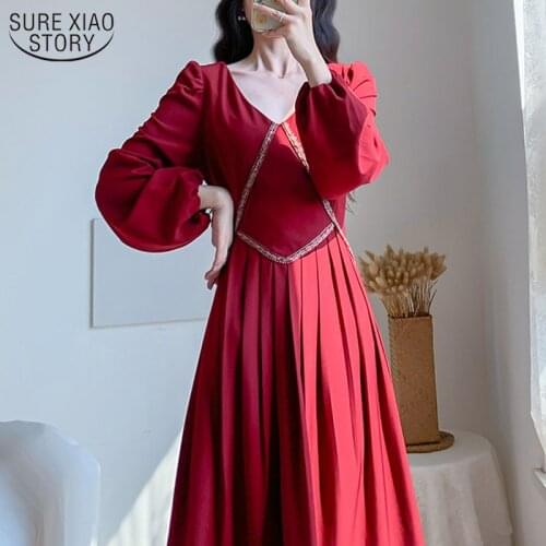 2021 Spring Korean Vintage Temperament Red Long Dress Women Puff Long Sleeve Pleated Mid-length Dress High Waist 12911