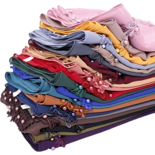 2019 New Plain Floral Beads Bubble Chiffon Instant Hijab Shawl Women High Quality Headband Scarves Bufanda Muslim Sjaal 180*70Cm