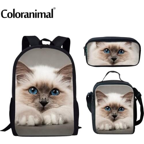 Coloranimal Cute 3D Cat Printing Teenage Girls Boys School Bag 3Pcs Teenage Backpack With Pencil/Lunch Bag Children Satchel Hot