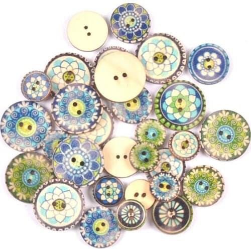 50pcs Mixed Painting Blue Tone Retro Wooden Buttons For Crafts Scrapbooking Sewing Clothes DIY Kid Apparel Supplies