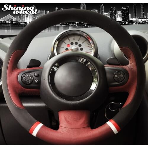 Shining wheat Hand-stitched Black Suede Chocolate Leather Car Steering Wheel Cover for Mini Coupe