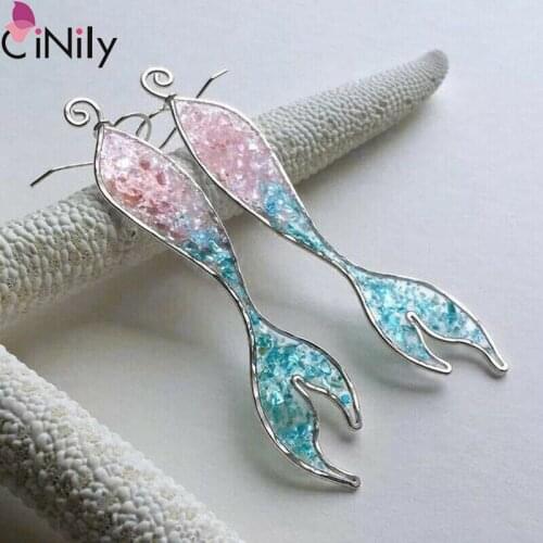 CiNily Exquisite Pink Blue Enamel Mermaid Silver For Women Girls Jewelry Dangle Earrings FH8882