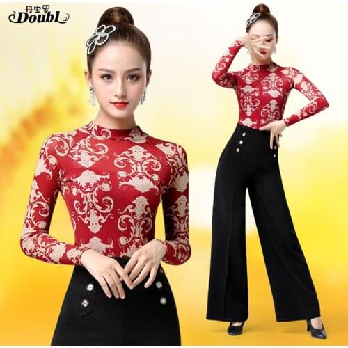 DOUBL High Collar Latin Dance Practice Clothes Stage Womens Dance Clothes Top New National Salsa Standard Long Sleeve Printing