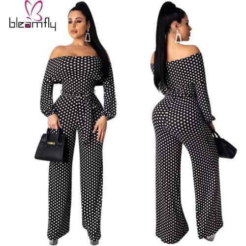 Off Shoulder Polka Dot Wide Leg Jumpsuit Women Slash Neck Backless High Waist Rompers Elegant Lady Long Sleeve One Piece Overall