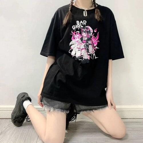 Harajuku y2k Summer Streetwear T Shirt Tops Ullzang Black Gothic Punk Kawaii Anime Short Sleeved Oversized T-shirts Women Tops