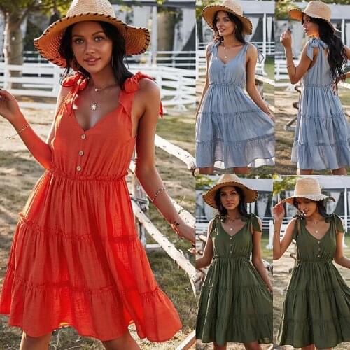 Fashion Women V-Neck Button Solid Summer Dress 2021 Casual Ruffle Sleeveless Loose Beach Party Holiday Dresses Vestido De Mujer