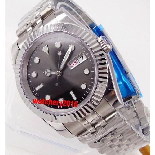36mm/40mm Sapphire Mens Automatic Watch Japan NH36 Movement Gray Dial Day/Date Display Fix Bezel Jubilee Band Luminous