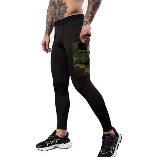 Mens Running Tights with Pocket Sport Leggings Compression Underwear Quick-drying Camo Pants Jogging Fitness Gym Trousers MMA