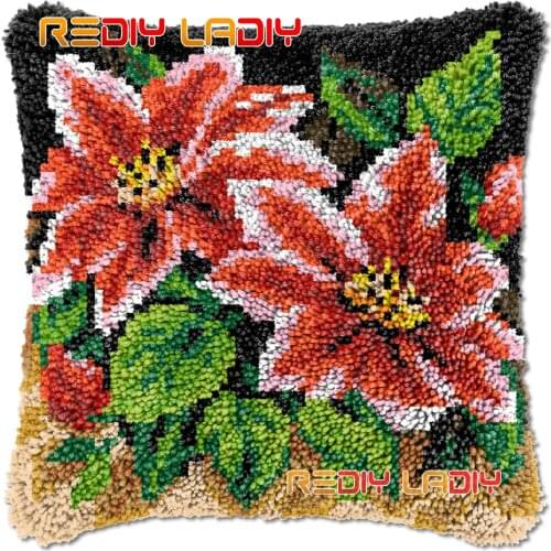 Latch Hook Cushion Red Flowers DIY Needlepoint Kits Chunky Acrylic Yarn Arts Crocheting Lofty Pillow Case Hobby & Crafts