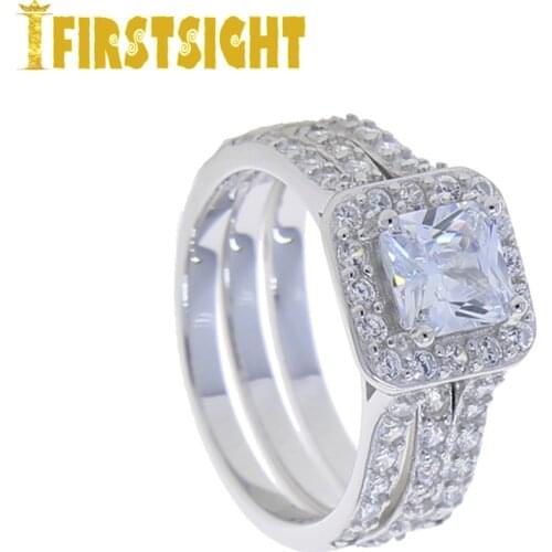 New 100% 925 Sterling silver wedding engagement ring set of 2 pieces AAA sparking cubic zirconia inset couple silver ring