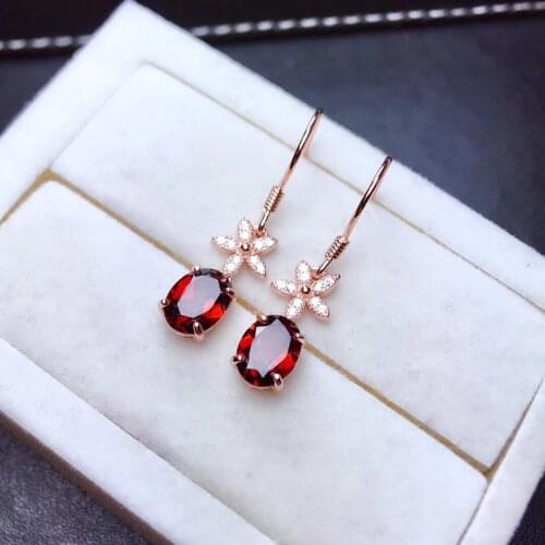 QTT New Arrival 18k Rose Gold Earrings Red Oval Zircon Stone Dangle Earrings Flower Hanging Earrings Bridal Wedding Jewelry