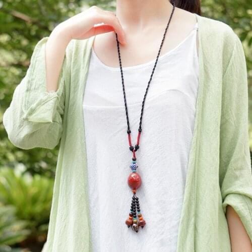 Sunflower seed stones necklace,DIY Ethnic Jewelry ethnic ceramic necklace,fashion handmad braided vintage rosewood necklace