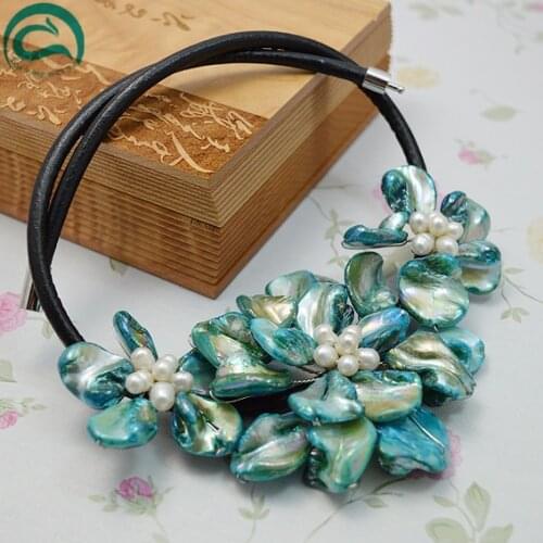 LuckJewelry Store Blue Shell Flower Genuine Freshwater Pearl Black Real Leather Necklace Wedding Birthday Women Gift