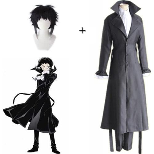 Anime Bungou Stray Dogs Ryunosuke Akutagawa Cosplay Costume Wig Trench Suit Short Wig Halloween Masquerade Party Uniform Sets