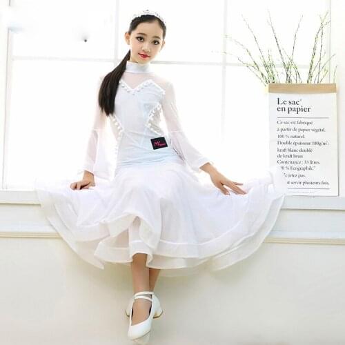 Girls Ballroom Dance Competition Dresses Children Tango Waltz Standard Dance Clothing Mesh Bell Sleeve Flamenco Costume DWY2170