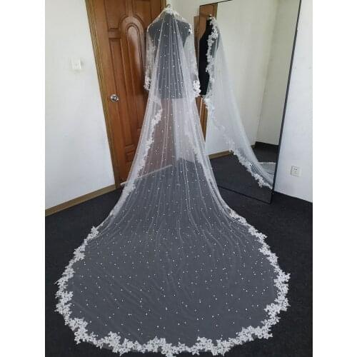 Real Photos White Ivory Wedding Veil Long Lace veil One Layer Cathedral Royal Pearl Bridal Veils Wedding Accessories